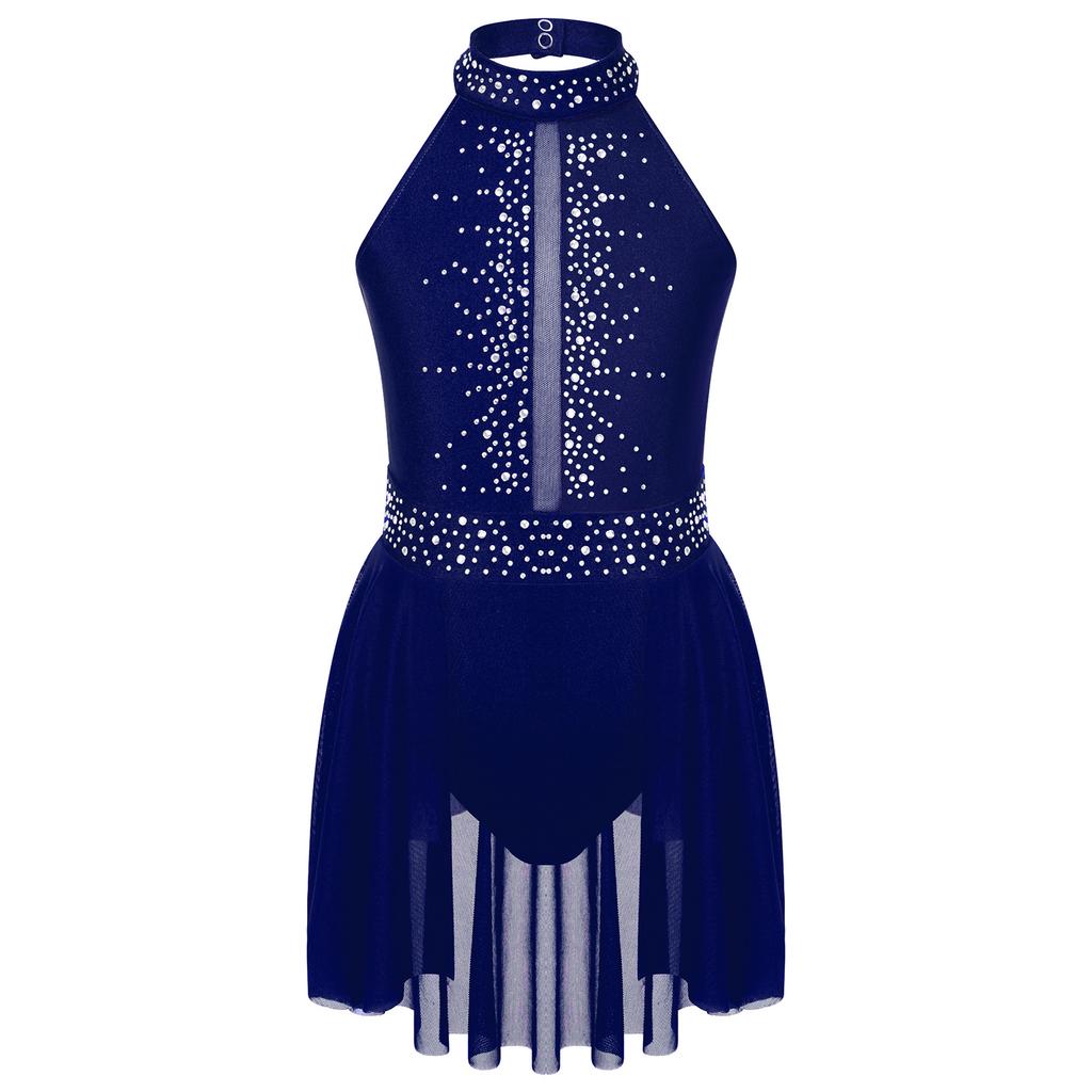Girls Sleeveless Leotard Dress with Mock Neck Sparkle Rhinestones Dance Competition Wear