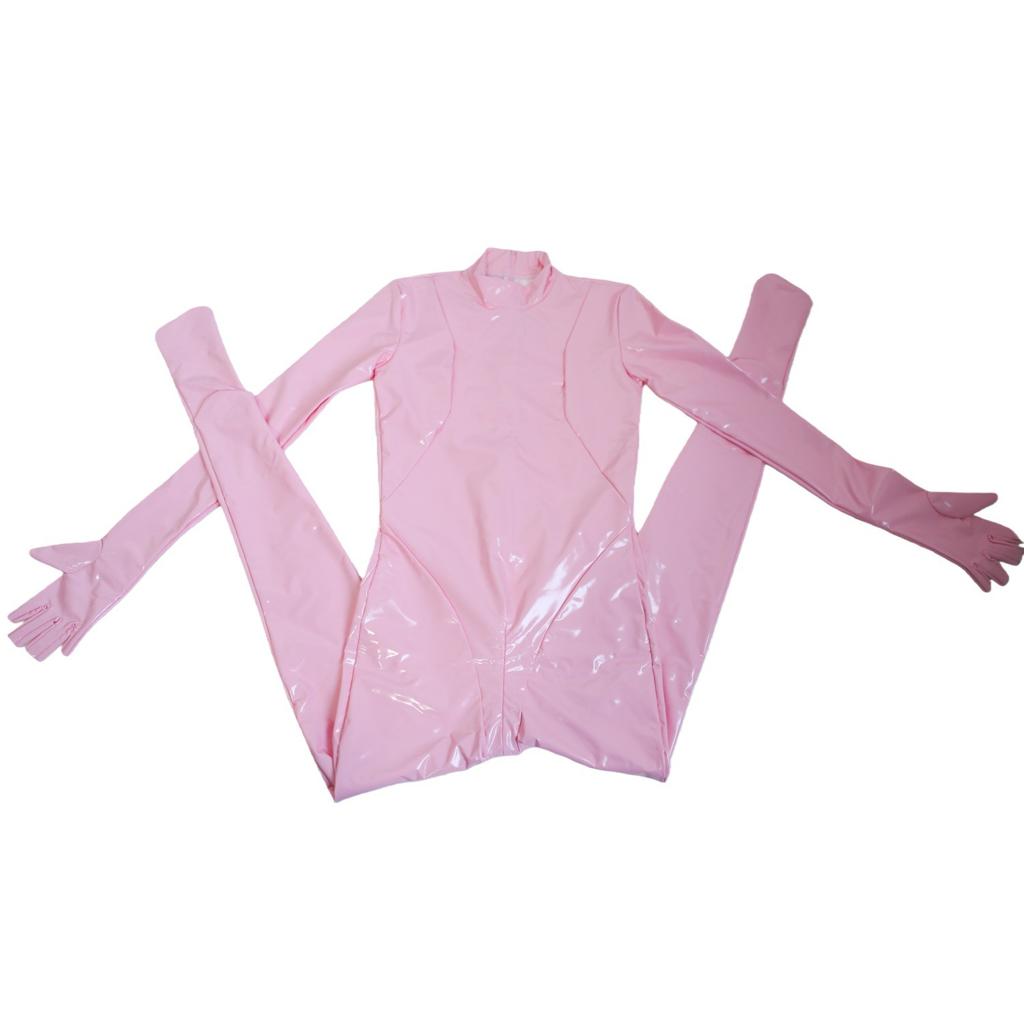 Tuta in Finta Lattice Colore Caramella Bodysuit in PVC Elastico Lucido Guanti a Mezza Dita Collant Sexy Modellante Body con Zip all'Incrotch