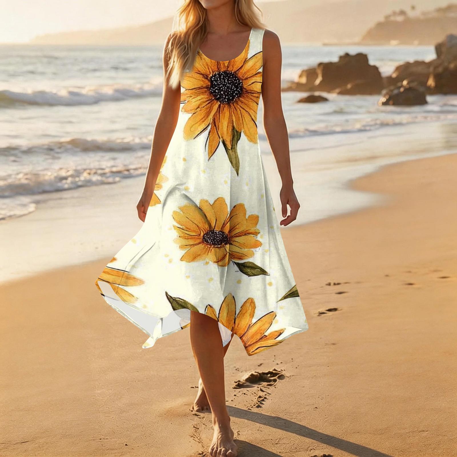 

Women Casual Sleeveless Dress Floral Print Round Neck Asymmetric Hem Mid Length Summer Dress Beach Cover Up XL жовтий