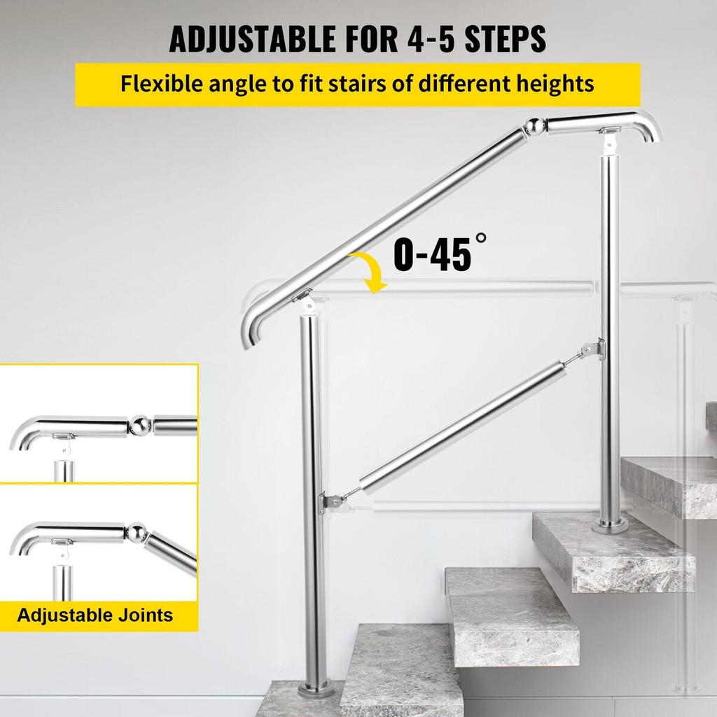 5 Step Railing Stainless Steel Transitional Handrail Fit for Level Surface and 1 To 5 Steps Adjustable Stair Railing Indoor Outdoor Step Railings