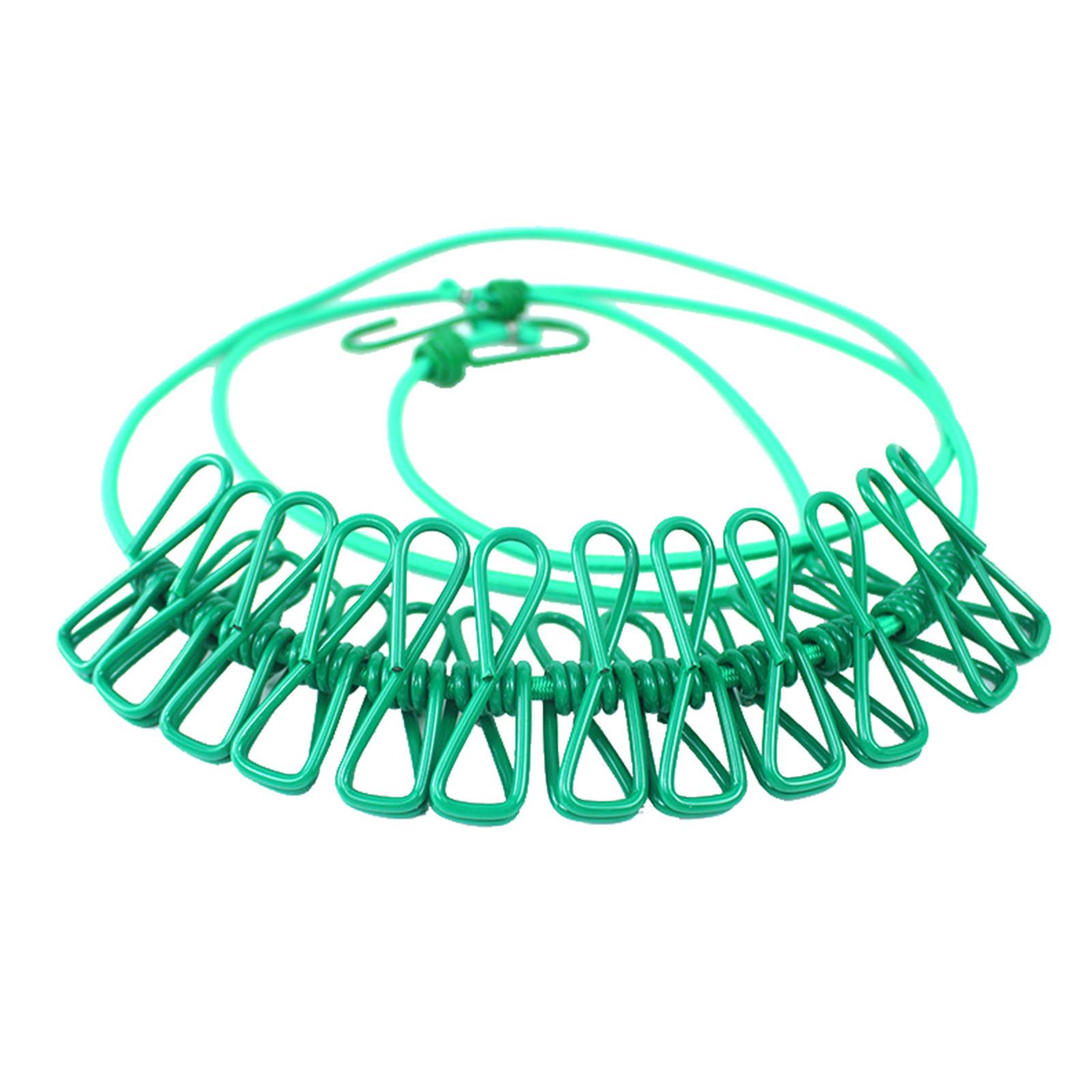 

Портативная веревка для белья с 12 прищепками, ветрозащитная дорожная веревка для белья, эластичная выдвижная эластичная веревка для белья One Size зелёный