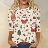 Women's Fashion Casual Round Neck Three-quarter Sleeve Christmas Print T-shirt Top