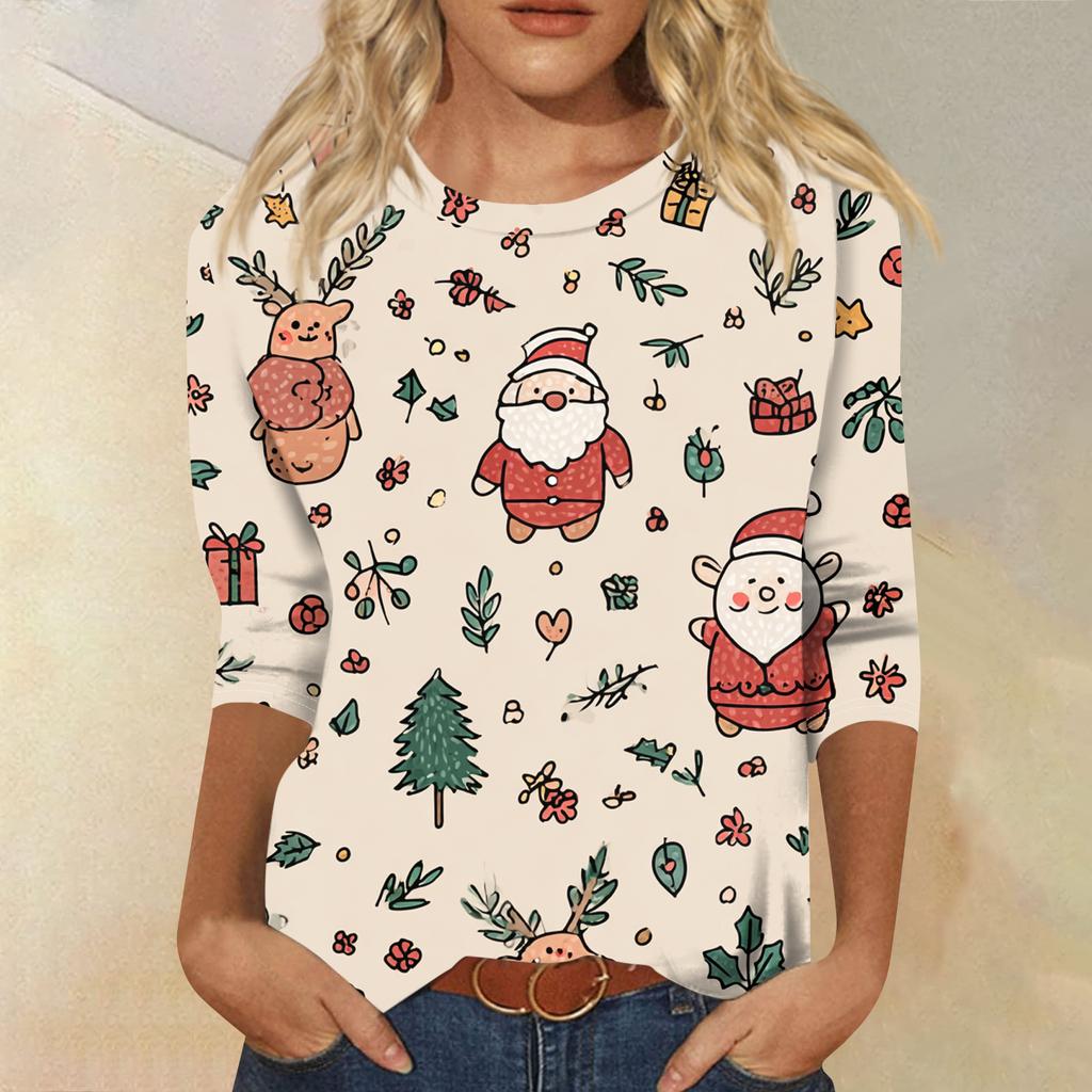 Women's Fashion Casual Round Neck Three-quarter Sleeve Christmas Print T-shirt Top