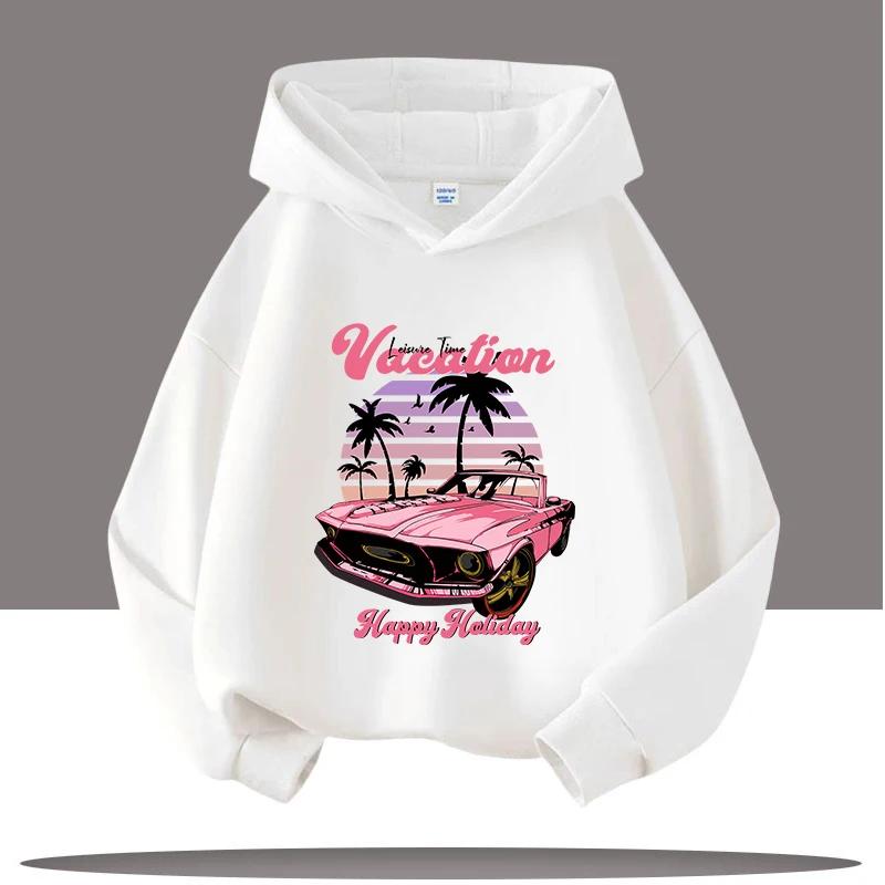 New Hip-hop Style Retro Car Cartoon Printed Children's Hooded Sweatshirt, Autumn and Winter Casual Top, Comfortable Clothing