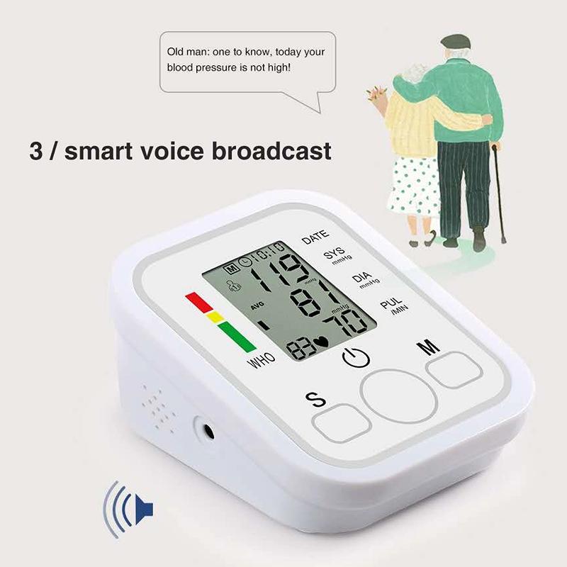 Oberarm-Blutdruckmessgerät, Herzschlagerkennung mit Sprachübertragung, LCD-Anzeige, vollautomatisches Tonometer, Blutdruckmessgerät, verstellbare Handgelenkmanschette