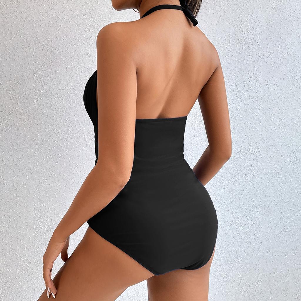 Women One Piece Swimsuit Halter Neck Cutout Front Design Sleeveless Backless Swimwear Beachwear Bathing Suit