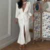 2026 Womens Elegant Office-Ready Long Sleeve V-Neck Printed Midi Dress Set Casual Workwear Outfit