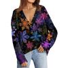 Women's Fashion Long Sleeve Print V-Neck Button Loose Cardigan Top
