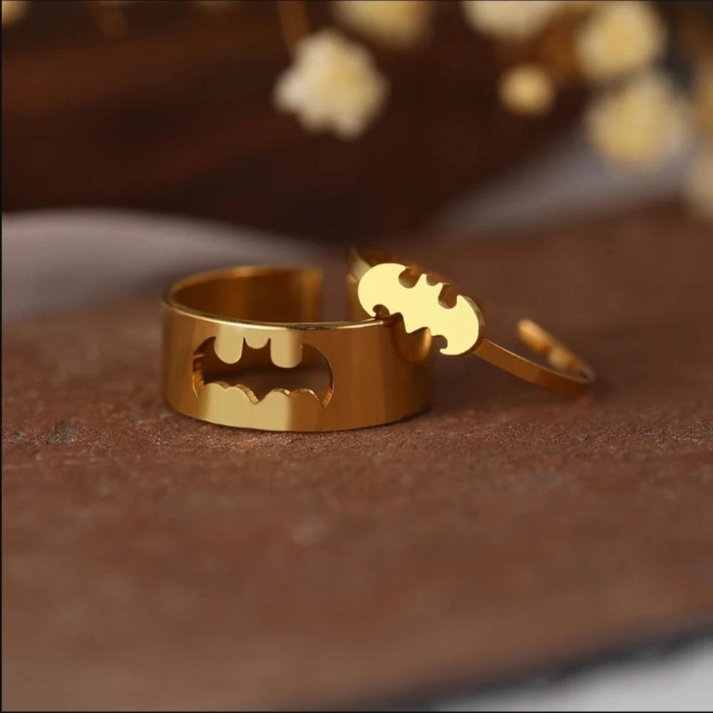 New Arrival Trendy Stainless Steel Bat Couple Rings for Women Men Punk Opening Hip Hop Rock Finger Jewelry Set Gift Colorfast