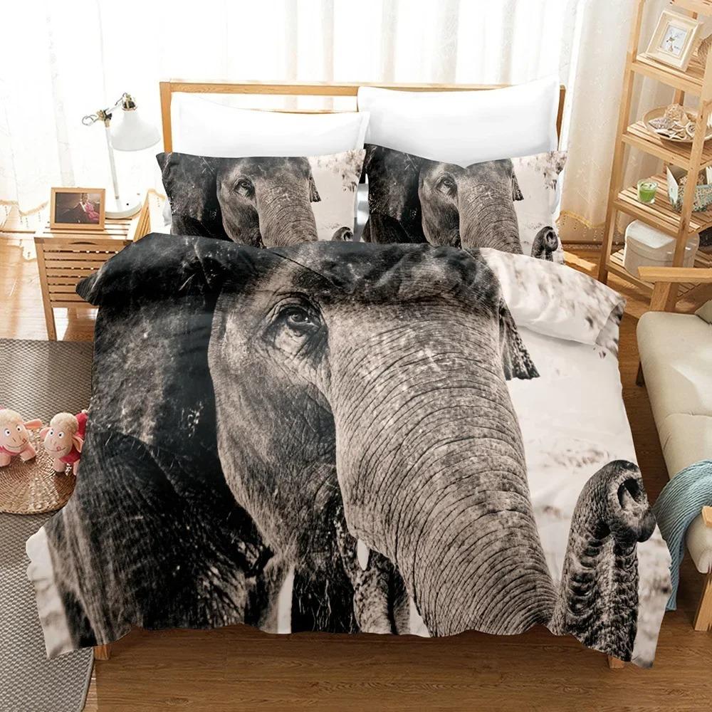 3D Elephant Bedding Set Queen Full Duvet Cover Sets Design Elephant Bedspread Black Wildlife Soft 2/3pcs Microfiber Quilt Cover
