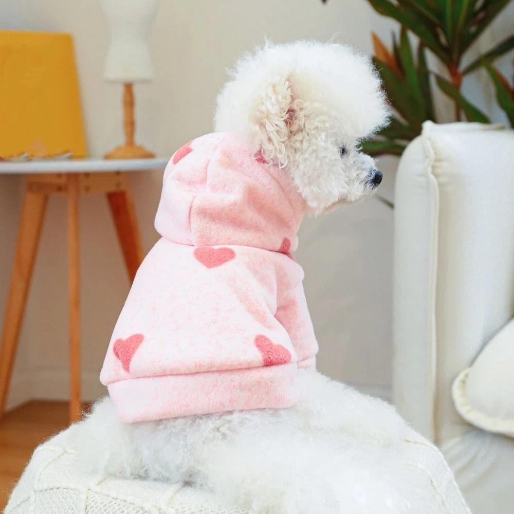 Cute Pink Heart Hooded Pet Sweatshirt Pink Heart Print Super Soft Pet Hooded Cardigan Insulated Comfortable Wear