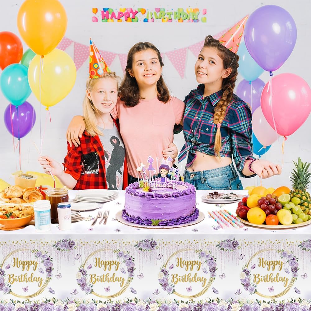MEHOFOND 3pcs Purple Happy Birthday Tablecloths for Girls, 108x54“ Pastel Violet Floral Dripping Glitter Bday Disposable Table Cover,Spring Flowers