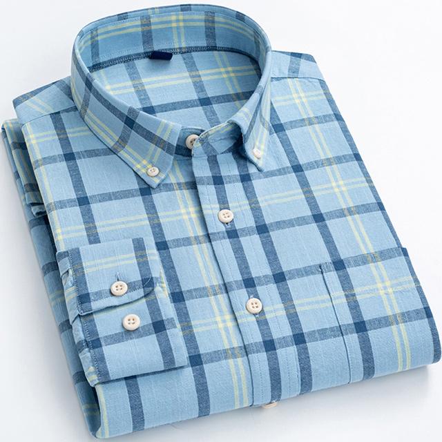 Men's Classic Fit Casual Plaid Linen Cotton Shirt Single Pocket Button-down Comfortable Soft Long Sleeve Stripe Checked Shirts