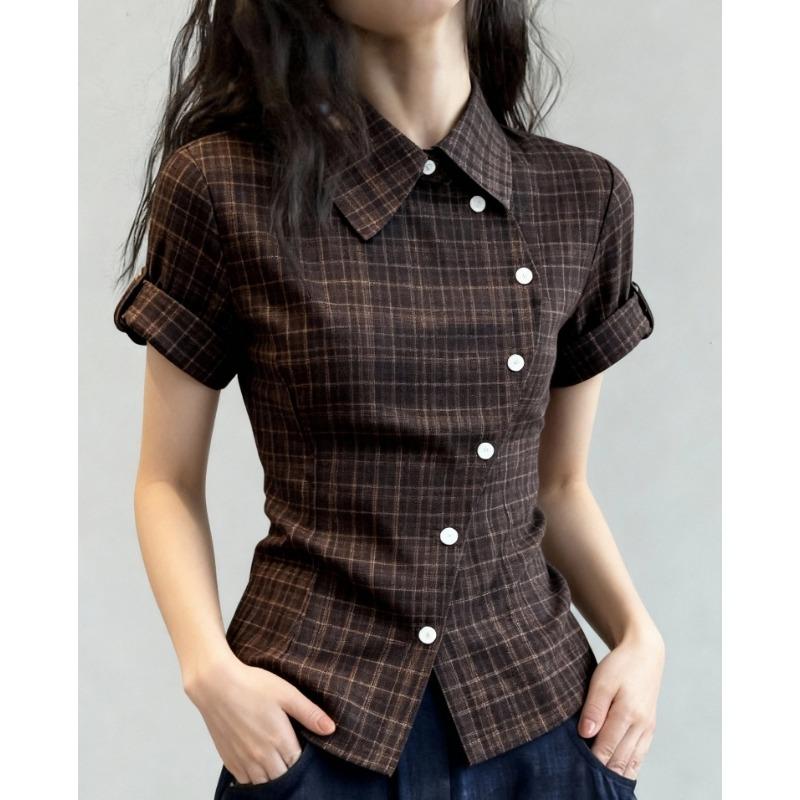 Camicetta Casual da Donna a Maniche Corte, Slim Fit, a Quadri Marroni, Vintage