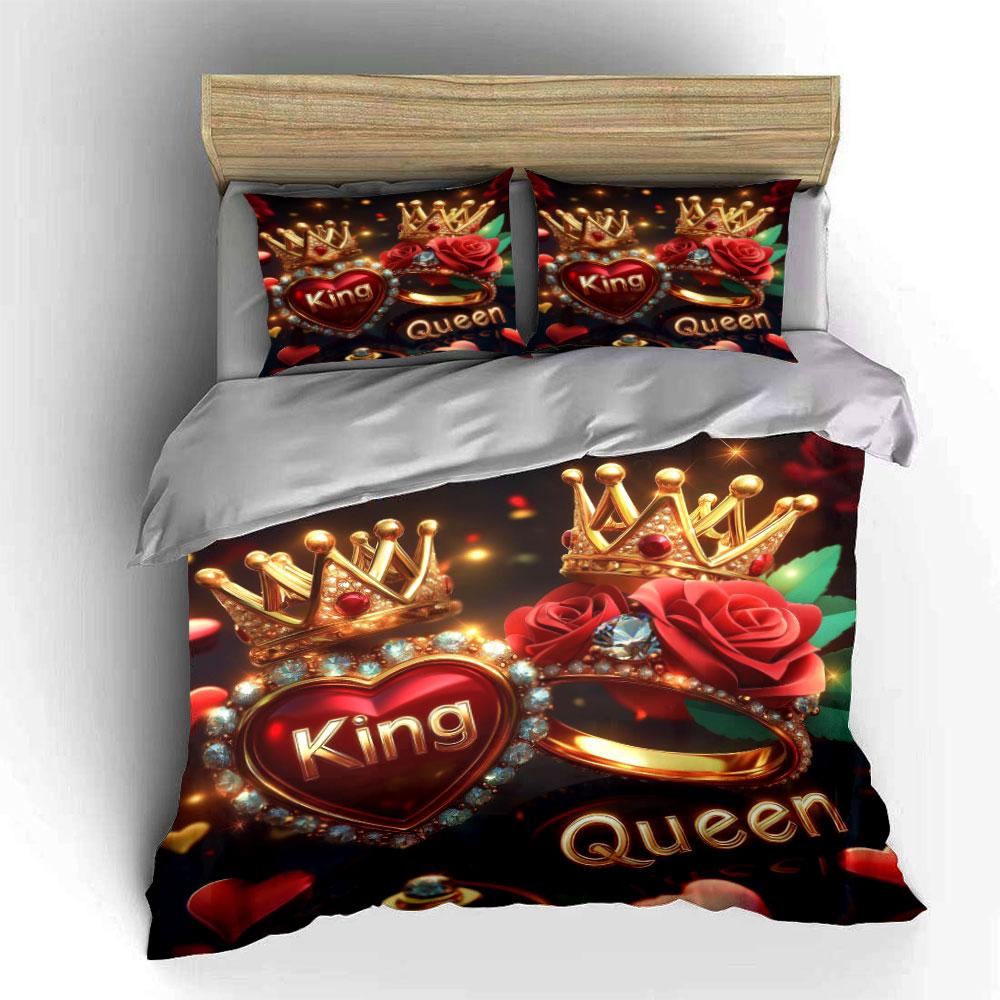 King Queen Golden Crown Red Rose Couple Bedding Set 3pcsLuxury Heart Ring Diamond Print Duvet Cover1 Duvet Cover 2 Pillowcase