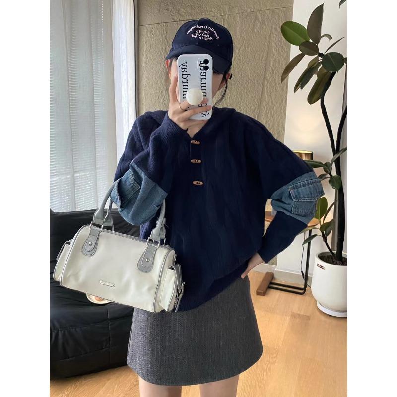 

Hooded retro twist denim splicing sweater pullover women s autumn and winter new loose knitted sweater top One size темно-синий