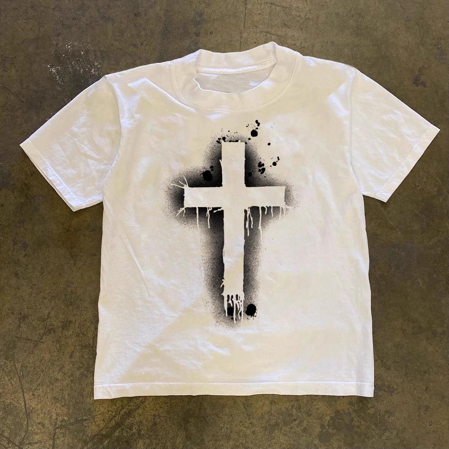 

2025 Fashion Cross Printed Short Sleeve Cotton T-Shirt Loose Fashion Comfortable Unisex Autumn and Winter Innerwear Drak Style 4XL