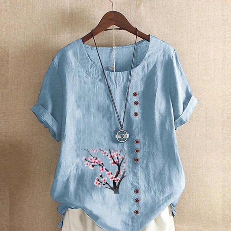 Dammode Rundhals Kortärmad T-shirt Casual Bomull Linne Grafisk Skjorta Fritid Lös Blommor Tryckt Sommarblus Toppar