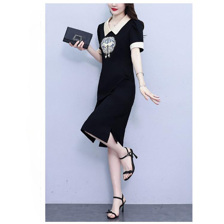 Sommer Schlank Chinesisches Stickerei Kleid Figurbetont Midi Bauch kaschierend Jugendlich Stilvoll