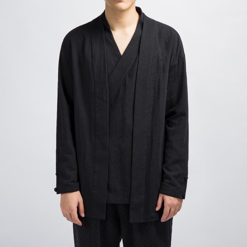 

Men s Retro Blue Linen Hanfu Top - Long Sleeve Chinese Tang Suit for Autumn/Spring M (105-125 jin)