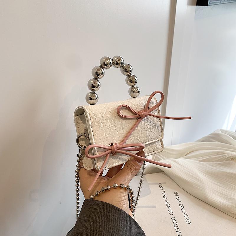 Fashion PU Leather Mini Flap Crossbody Bags  New Women Delicate Bead Handle Party Clutch Lady Cute Chains Square Bag