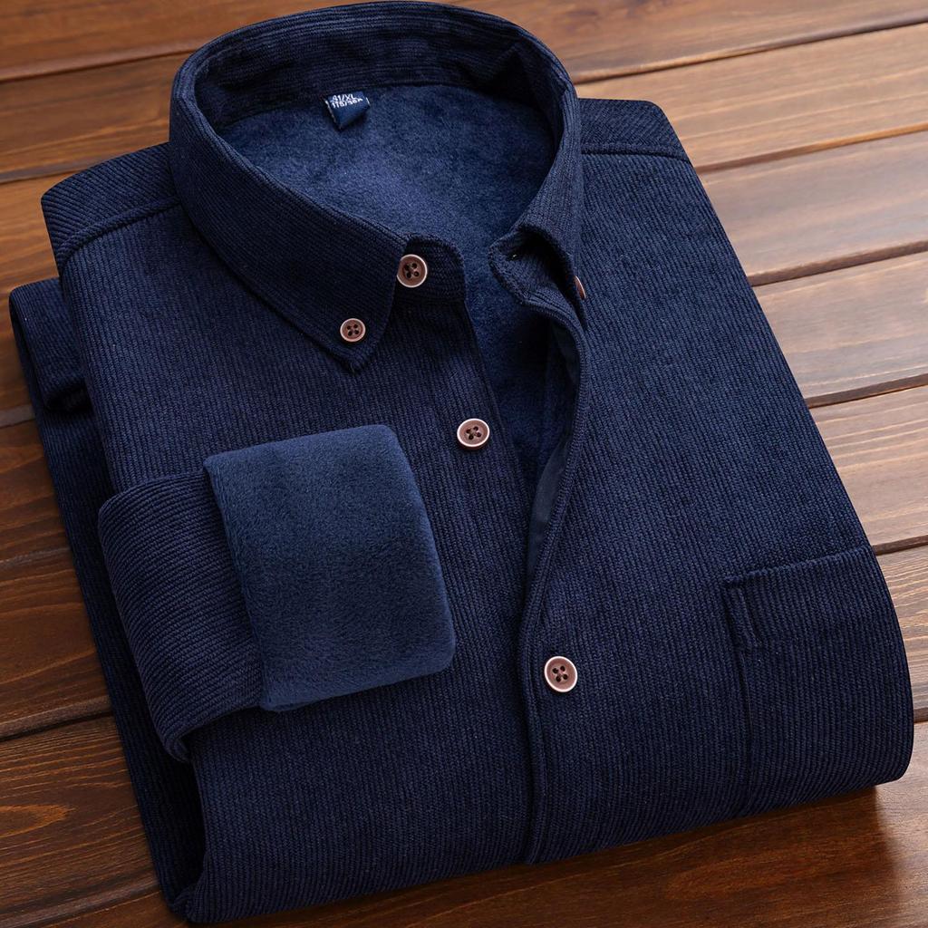 Thermal Men's Long Sleeve Shirt  Solid Corduroy with Fleece Lining for Cold Days plus size