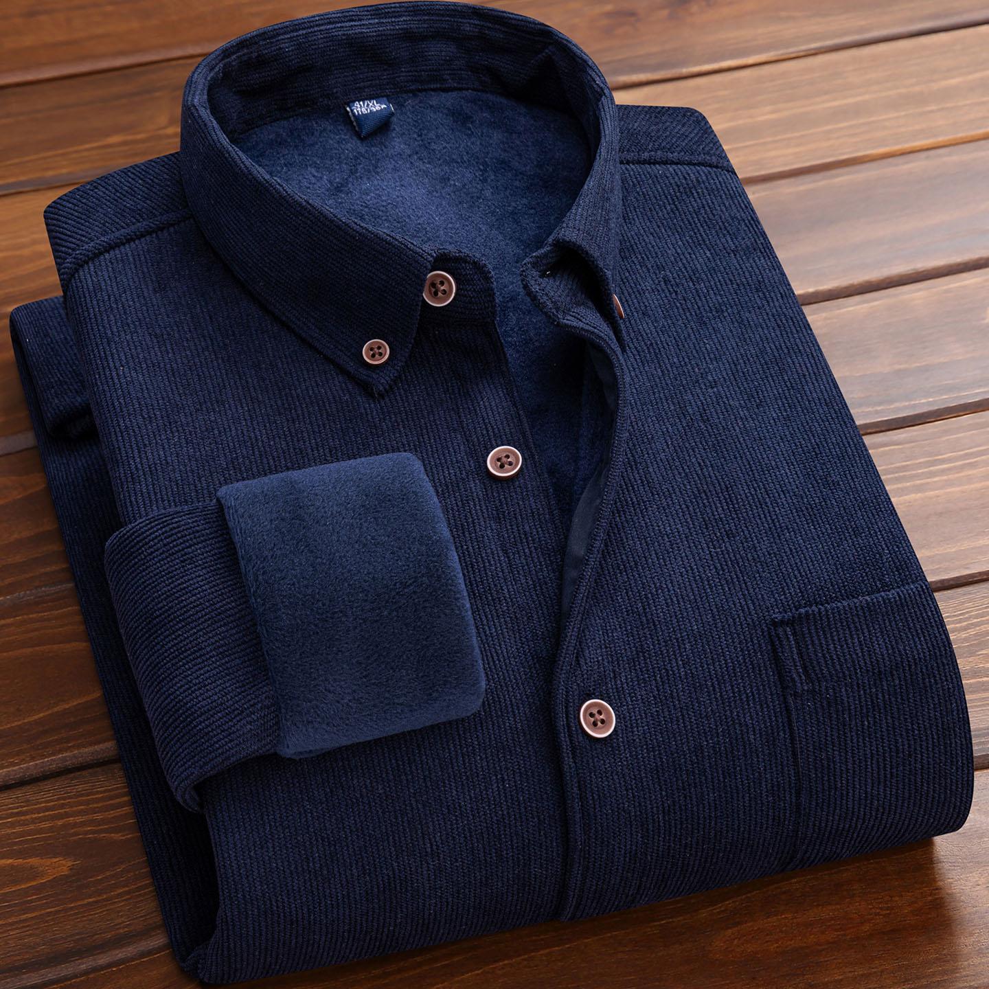 

Зимняя толстая теплая повседневная рубашка из вельвета для мужчин, 2 слоя с длинным рукавом, обычная посадка, офисные мужские рубашки для отдыха, топы 3XL темно-синий