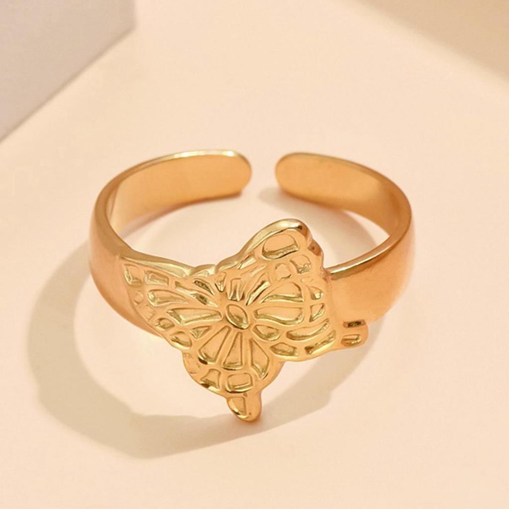 Adjustable Gold-Plated Stainless Steel Butterfly Ring for Women - Non-Fading Finish
