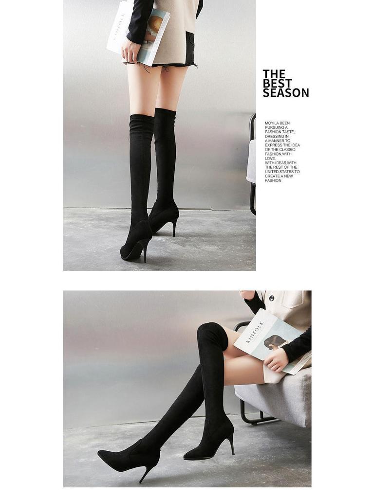2025 High-Heeled Over-the-Knee Boots: New Slimming Chunky Heel, Elastic Velvet, Pointed Toe