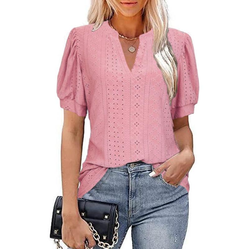 QICED Moda feminina casual cor sólida estampa manga curta blusas e camisas com decote em V