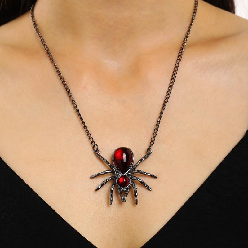 Halloween Spider Web Earring Necklace Set Gunmetal Black Red Drop Gemstone Gothic Punk Party Jewelry Women