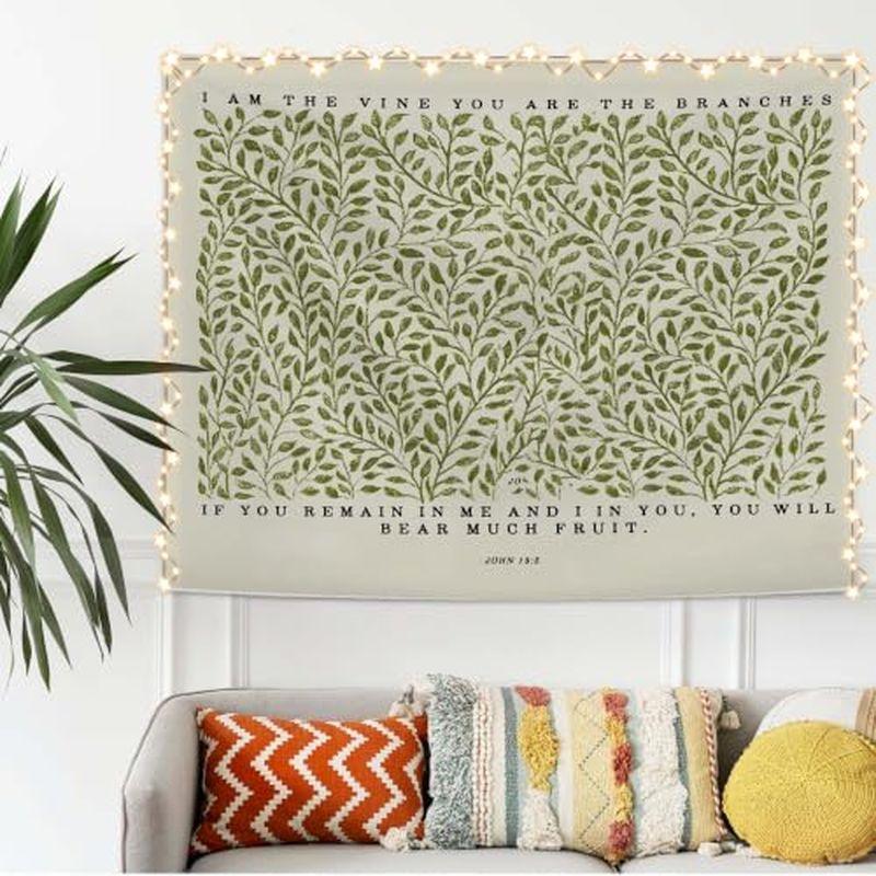 Vine John Gospel Scripture Tapestry, Christian Green Leaf Bible Quotes Wall Hanging, Retro Home Decoration
