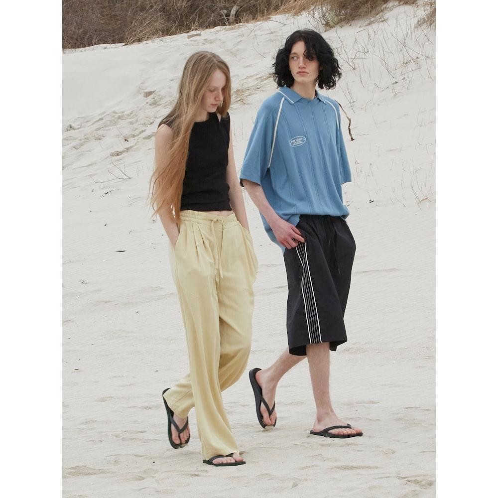 Saendeusaundeu (Unisex) Wide Elastic Waist Pants Beige