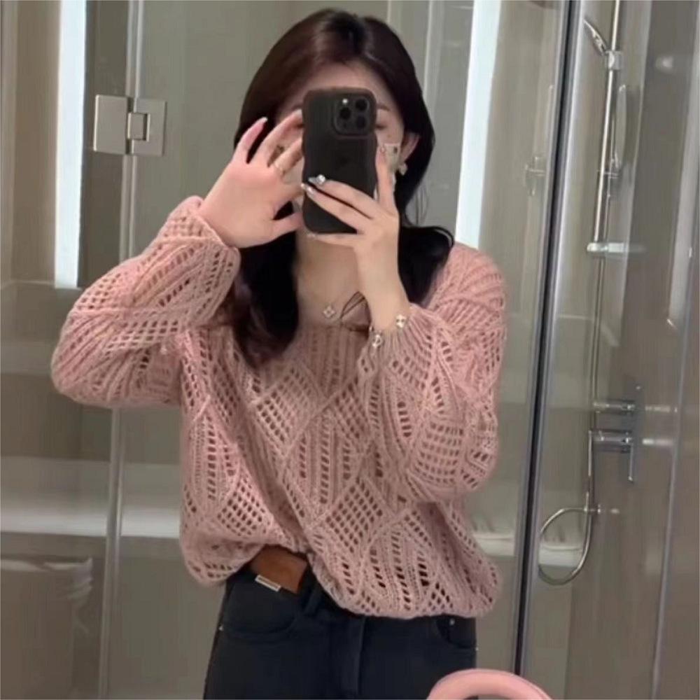 

Летняя бриллиантовая свежая и сладкая блузка тонкий свободный и универсальный сексуальный перспективный полый вязаный свитер женщины Average size 52-211 розовый