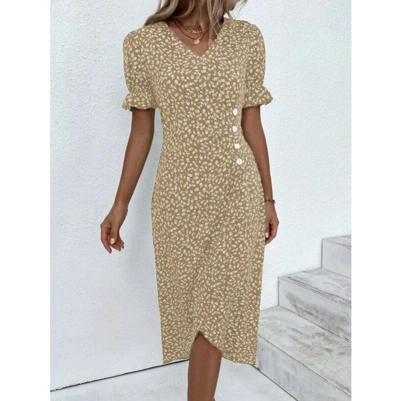 TIFICY Damenmode Sommer Frühling Blumenmuster Druck Kurzarm V-Ausschnitt Hohe Taille Freizeitkleider