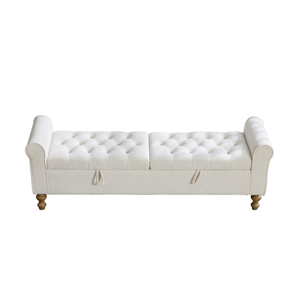 Modern Bench with 2 Lids, Velour Footstool with Rolled Armrests, As Daybed, Rubberwood Legs, for Living Room, Hallway, Bedroom, Color: Beige