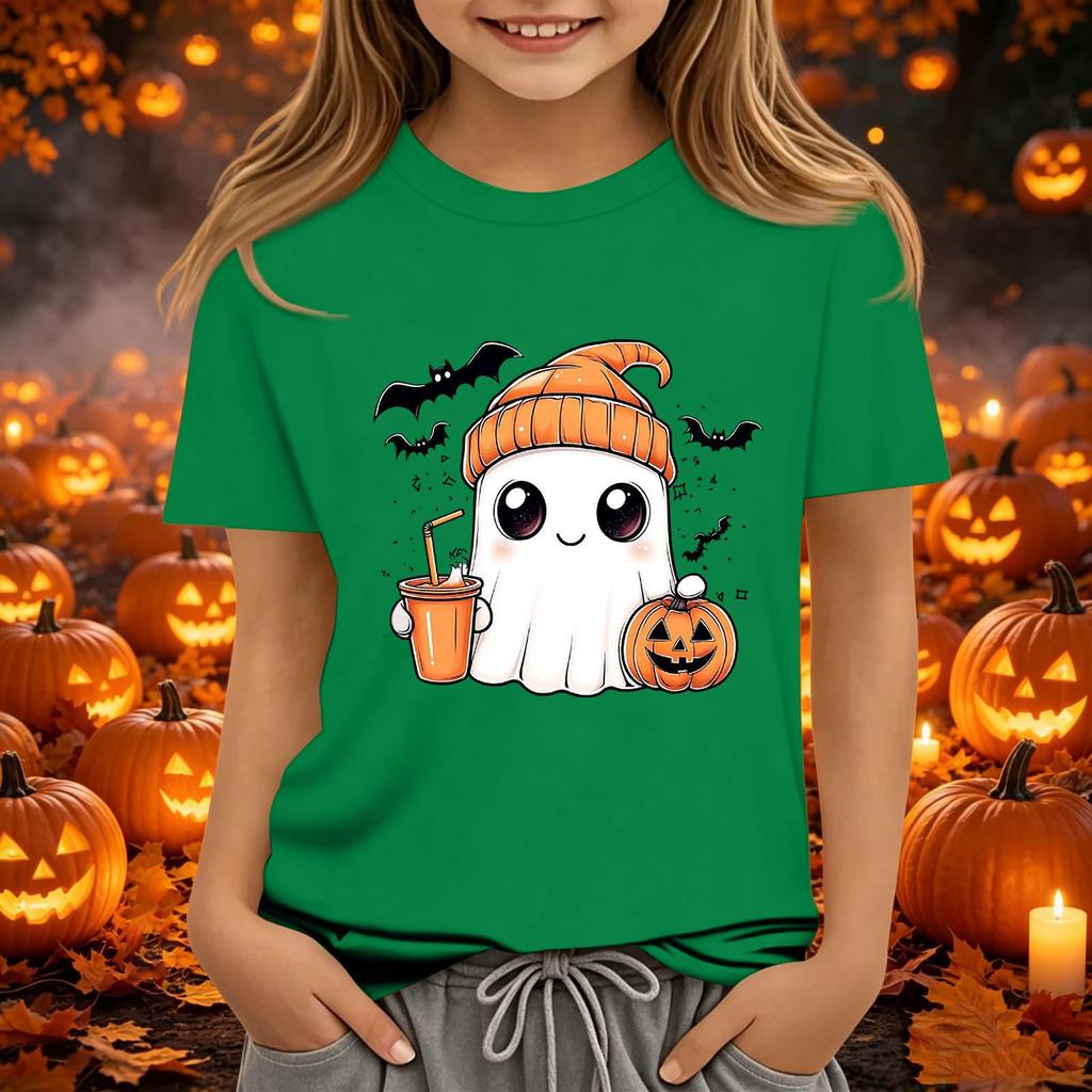 Kids' Halloween Printed Short Sleeve Neck T-Shirt, Loose Fit Top