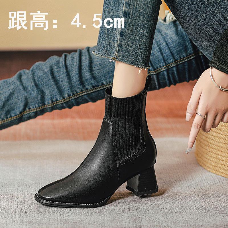Knitted elastic boots high-heeled short boots women's spring and autumn single boots 2025 new thin boots thick heel medium tube fashion boots
