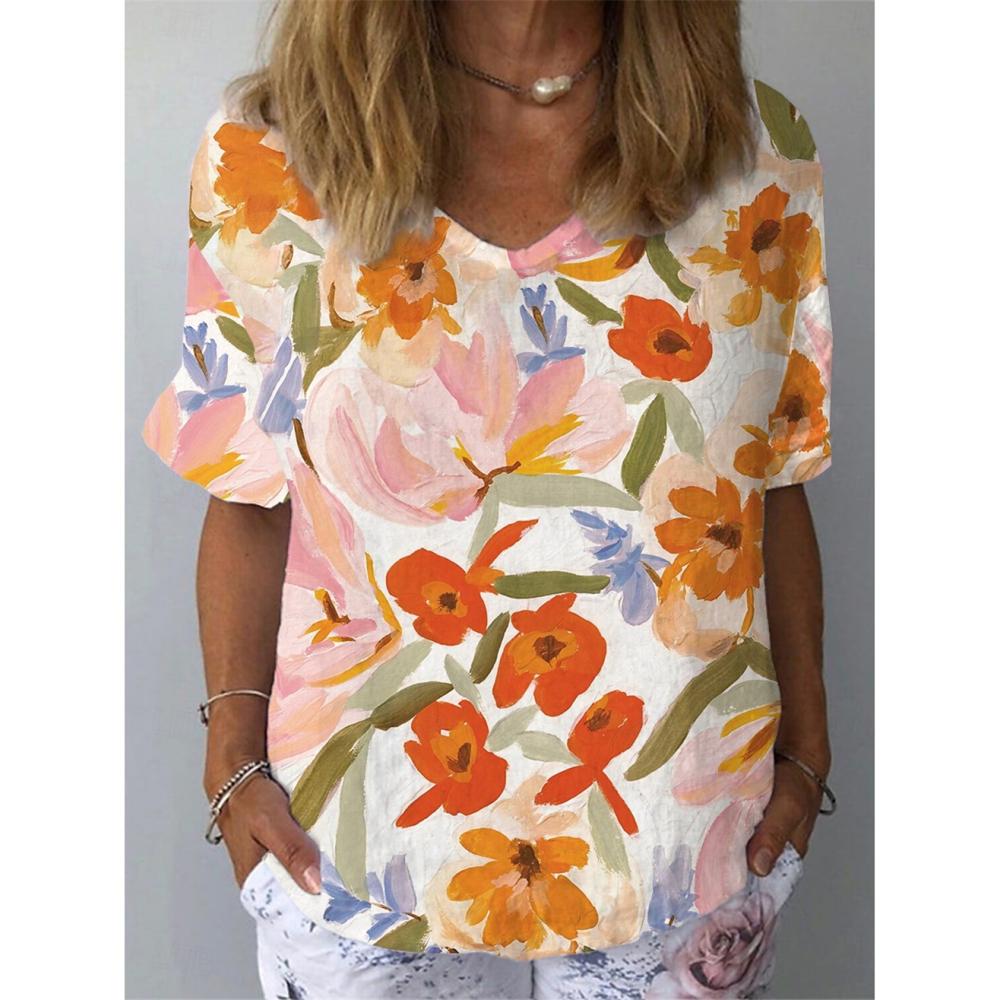 Summer V-neck 3D Floral Pattern Printed Top Fashionable Casual Short Sleeved Women's T-shirts