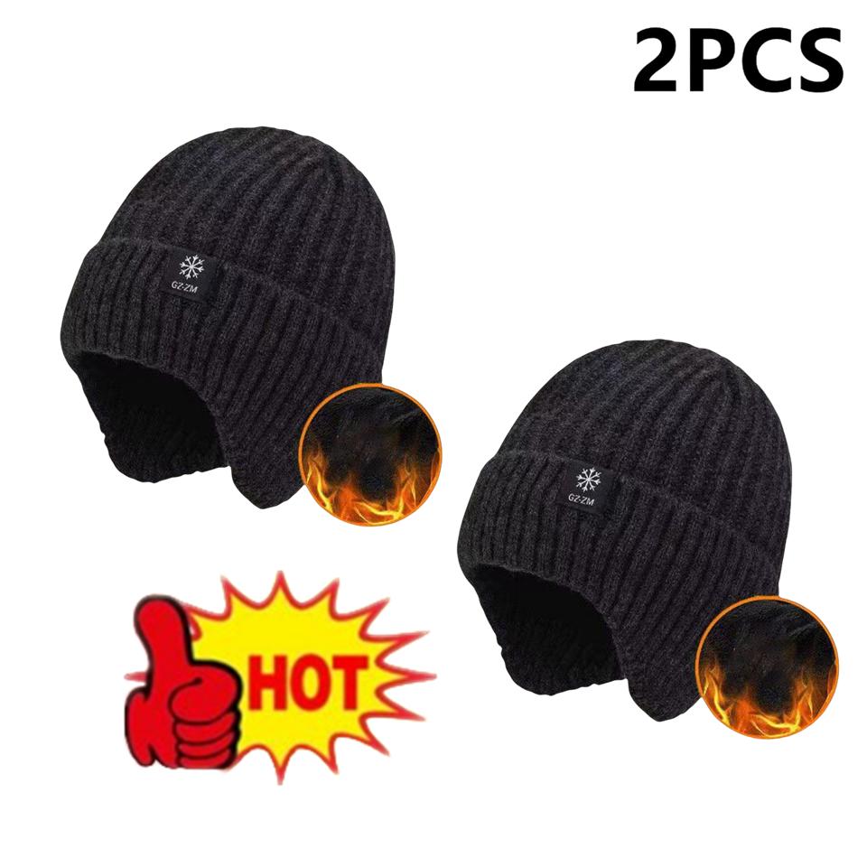 1/2Pcs Winter Warm Hat for Middle-Aged Elderly Men Thickened Knitted Wool Beanie with Ear Protection Cold Weather Cap