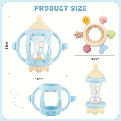 2 Pack Baby Teething Toys for 6-12 Months, Sensory Teether, Montessori Baby Rattle Teether Toy as Gifts for Boys Girls (Blue)