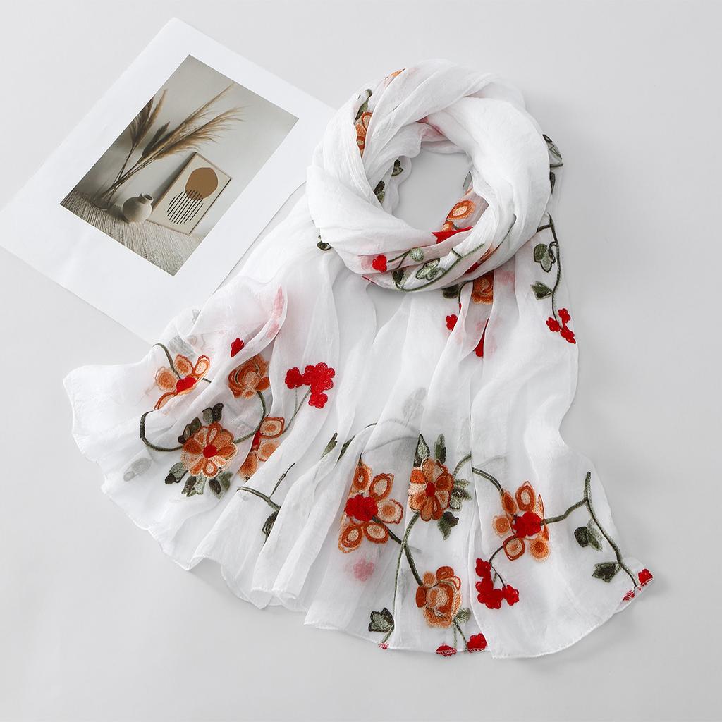 Spring Summer Ethnic Style Artistic Retro Embroidered Scarf Shawl Organza Beach Tourism Women