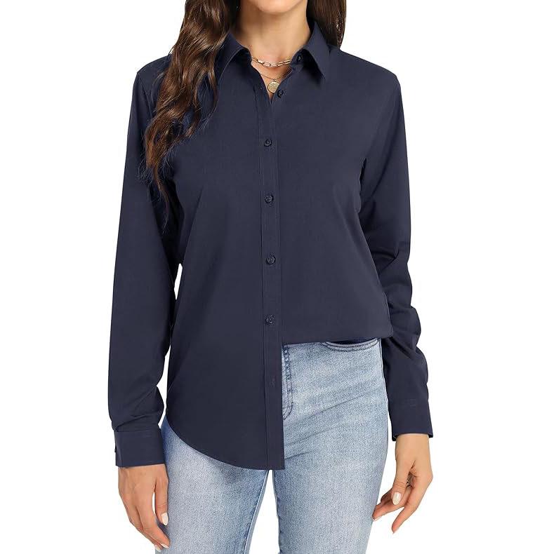 

Женская белая рубашка-поло средней длины с длинными рукавами и воротником-поло 5XL тёмно-синий