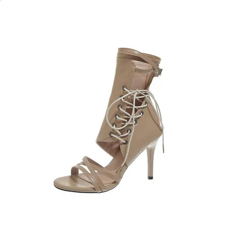 Fashion 2024 Summer Sandals Sexy Large Size Open Toe High Heels Female Shoe Big Stiletto Peep High-heeled Lace Up Fashion Girls Beige Co