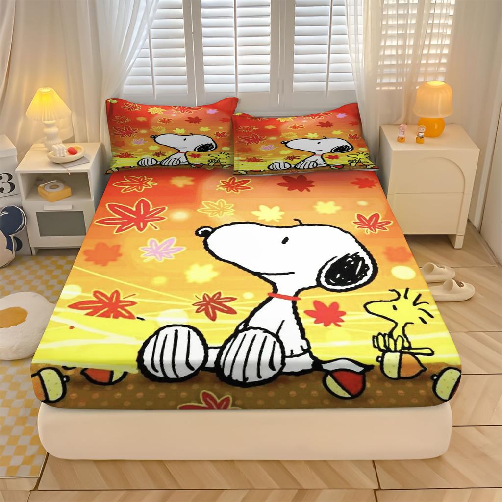 Snoopy  With Pillowcase Fitted Sheet 3D Children'S Bedding Set  Polyester 2/3Pcs Comforte Bed Cover Full Set