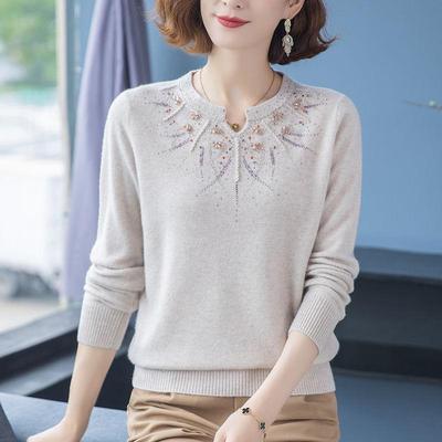 Herbst Einfarbig Rundhals Langarm Kaschmirpullover Damen Vintage Bestickt Strass Alleskönner