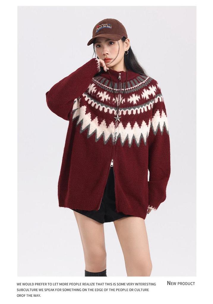 Unisex Fair Isle Wool Cardigan: Spring & Autumn Casual Color Block, Loose Long Sleeve Sweater for Men & Women
