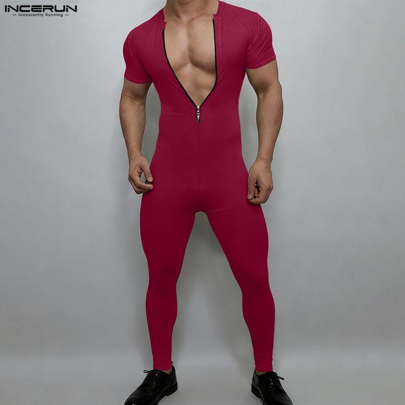 INCERUN Men Zip-up Long Sleeve Fitted Long Pajamas Jumpsuits Bodysuits Underwear