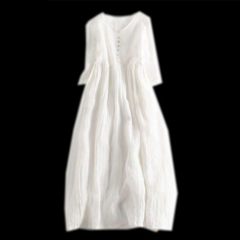 Japanese Style Summer Linen Dress Women Pure Color Slim Loose Long Dress Cotton Flowy Casual