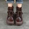 Johnature Retro Genuine Leather Short Boots Lace Up Thick Sole Plush Warm Cotton Boots Women's Shoes